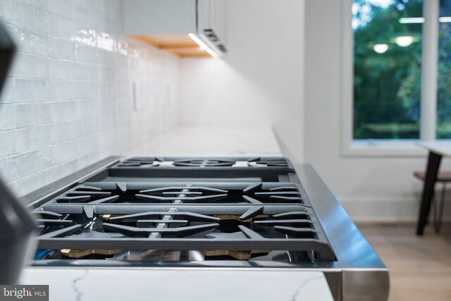 interior details featuring decorative backsplash, stainless steel gas cooktop, and wood-type flooring