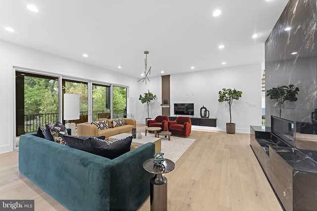 living room with a premium fireplace and light wood-type flooring