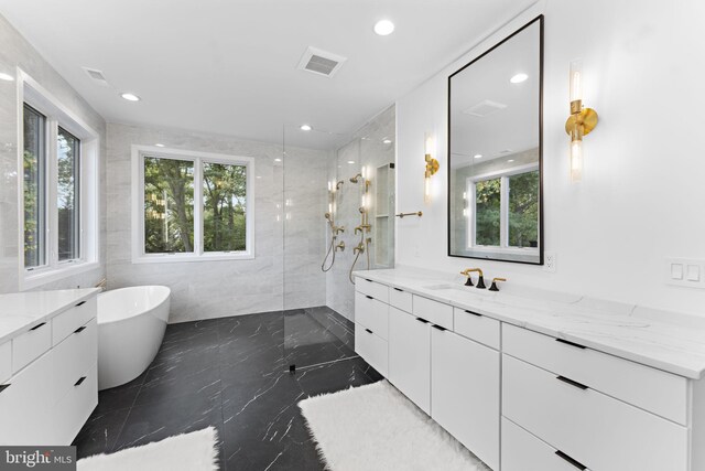 bathroom featuring vanity, a healthy amount of sunlight, and independent shower and bath