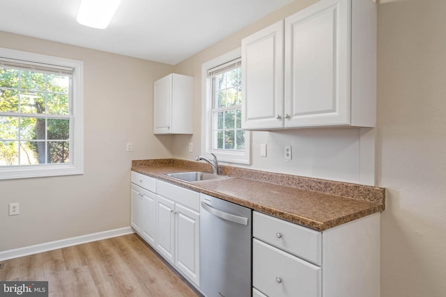 kitchen with white cabinetry, dishwasher, sink, and a wealth of natural light