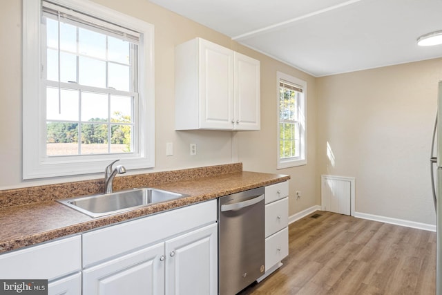 kitchen with sink, dishwasher, white cabinetry, and light wood-type flooring