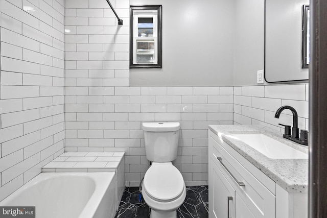 full bath featuring tile walls, a bath, vanity, and toilet