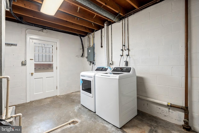 washroom featuring electric panel and washer and clothes dryer