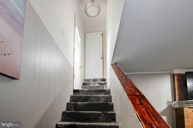 staircase with crown molding and wood walls