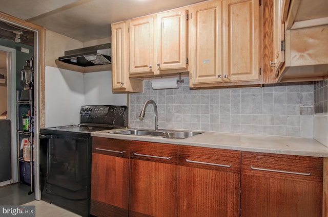 kitchen featuring black range with electric stovetop, sink, backsplash, and ventilation hood