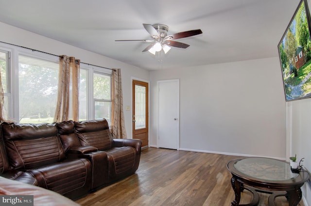 living room with wood-type flooring and ceiling fan