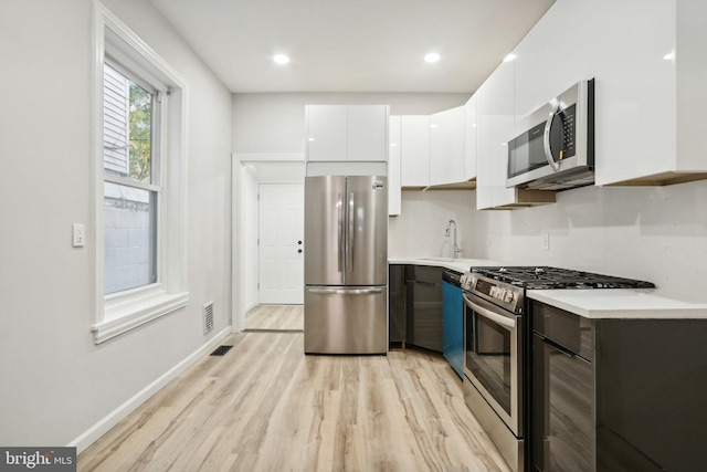 kitchen featuring white cabinetry, appliances with stainless steel finishes, sink, and light hardwood / wood-style floors