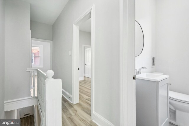 bathroom featuring toilet, vanity, and hardwood / wood-style flooring