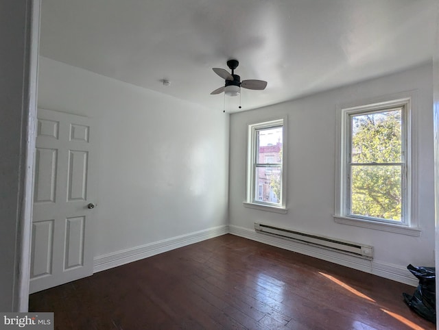 unfurnished room featuring ceiling fan, dark hardwood / wood-style floors, a baseboard radiator, and a healthy amount of sunlight