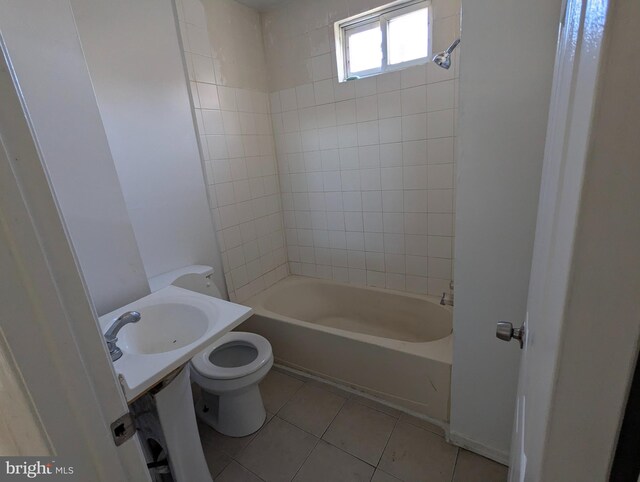 full bathroom with vanity, toilet, tub / shower combination, and tile patterned floors