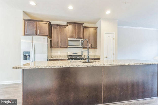 kitchen featuring light hardwood / wood-style flooring, sink, light stone countertops, crown molding, and appliances with stainless steel finishes