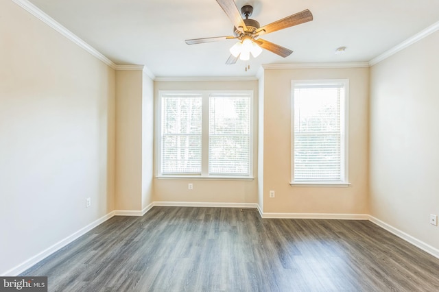 unfurnished room with ornamental molding, dark hardwood / wood-style floors, and ceiling fan