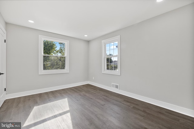 empty room featuring a healthy amount of sunlight and dark hardwood / wood-style flooring