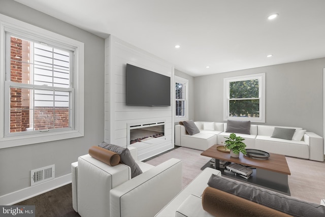 living room with hardwood / wood-style flooring and a large fireplace