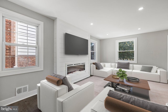 living area with wood finished floors, recessed lighting, a fireplace, and baseboards