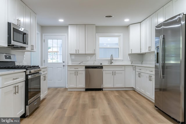 kitchen with white cabinetry, stainless steel appliances, sink, and light wood-type flooring