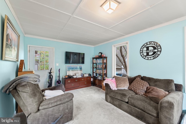 carpeted living room with ornamental molding