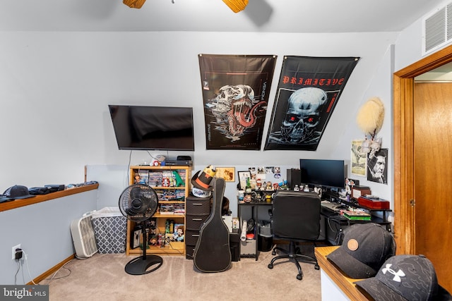 office area featuring ceiling fan and carpet