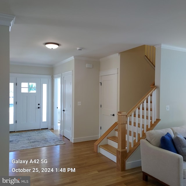 foyer featuring ornamental molding and hardwood / wood-style flooring