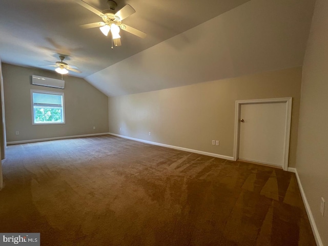 bonus room with an AC wall unit, carpet, vaulted ceiling, and ceiling fan