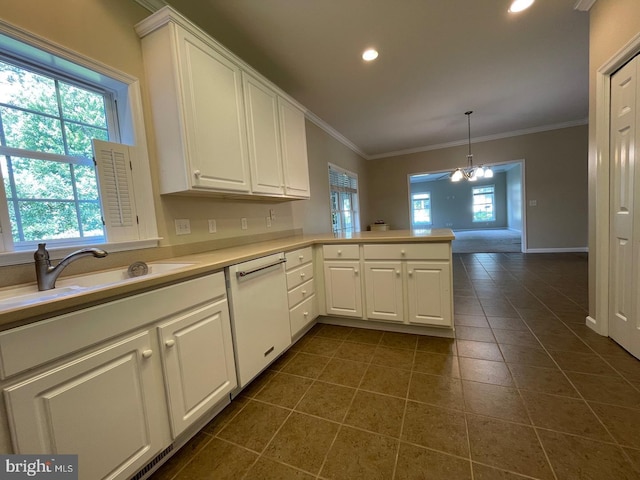 kitchen featuring kitchen peninsula, white cabinets, and white dishwasher