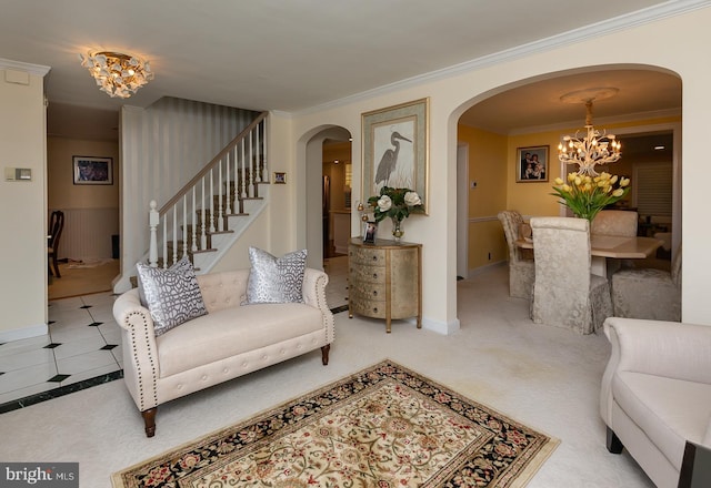 carpeted living room featuring a notable chandelier and crown molding