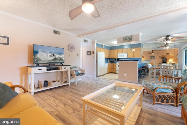 living room featuring ornamental molding, light hardwood / wood-style flooring, a textured ceiling, and ceiling fan