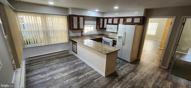 kitchen with baseboard heating, kitchen peninsula, sink, white appliances, and dark hardwood / wood-style flooring