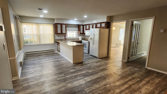 kitchen with baseboard heating, kitchen peninsula, sink, white appliances, and dark hardwood / wood-style flooring