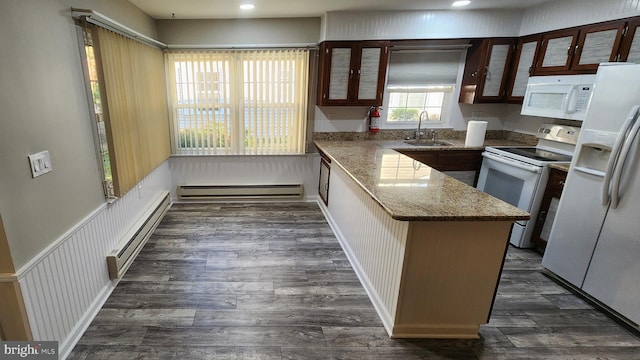 kitchen with a baseboard radiator, sink, dark hardwood / wood-style floors, and white appliances