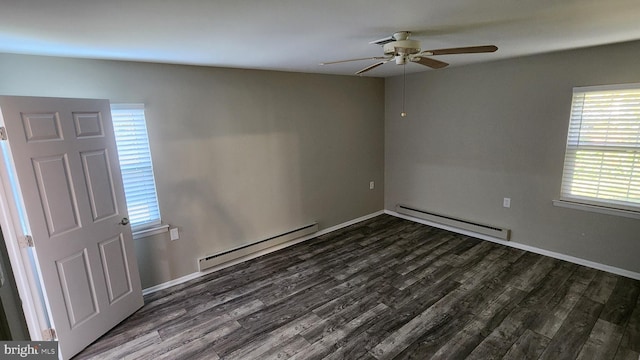 unfurnished room with baseboard heating, dark wood-type flooring, and ceiling fan