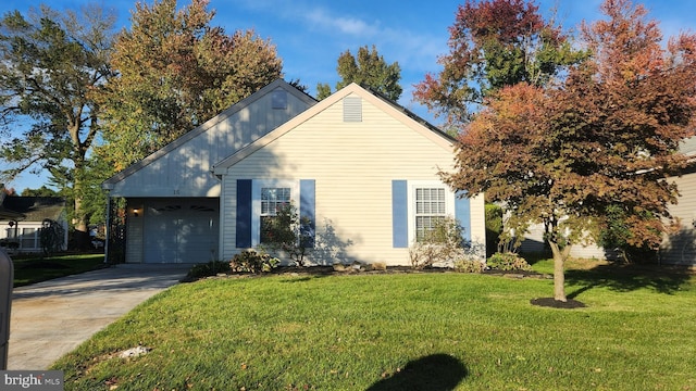 view of property exterior with a lawn and a garage