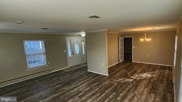 interior space with baseboard heating, crown molding, a notable chandelier, and dark hardwood / wood-style flooring