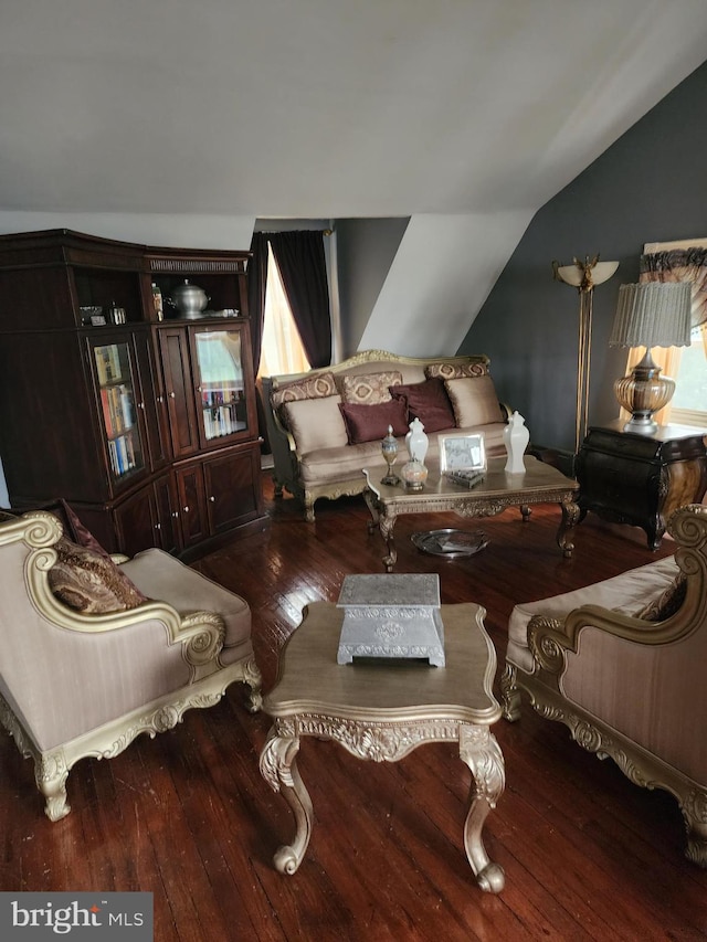 living room featuring wood-type flooring and vaulted ceiling