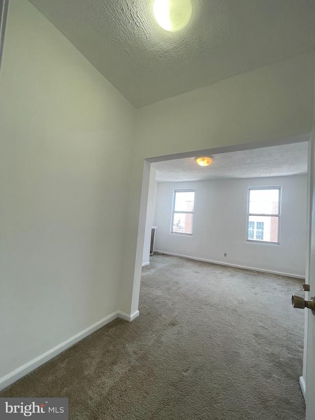 unfurnished room with a wealth of natural light, a textured ceiling, and carpet flooring