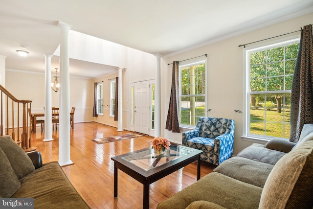 living room featuring ornamental molding, decorative columns, and light hardwood / wood-style flooring