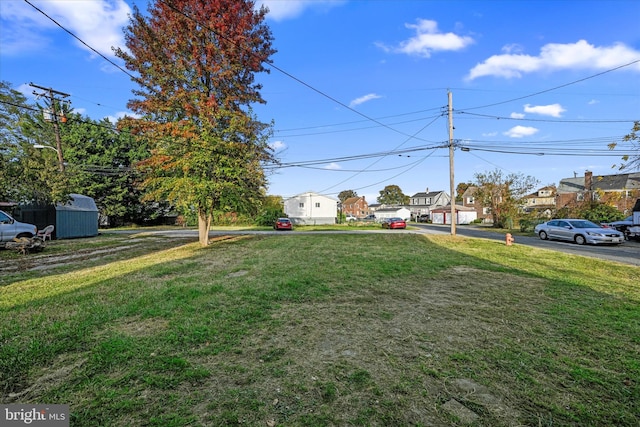 view of yard featuring a storage shed