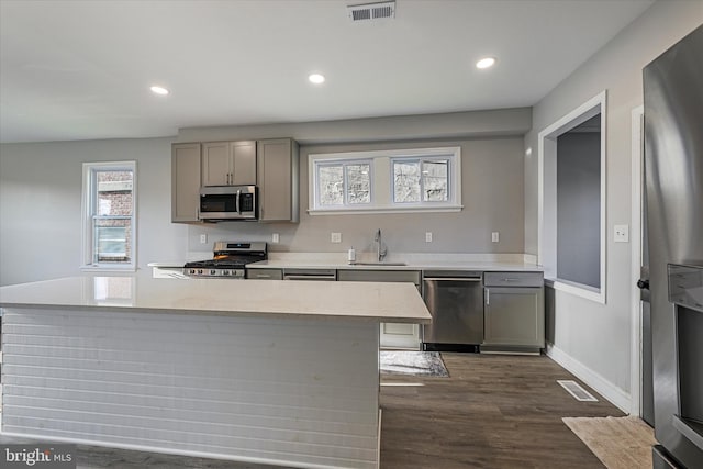 kitchen featuring dark hardwood / wood-style floors, sink, a center island, gray cabinets, and appliances with stainless steel finishes