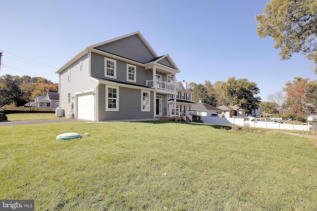 view of property featuring a front yard, a garage, and a balcony