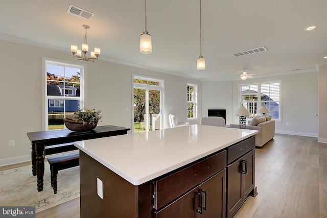 kitchen with a large fireplace, light hardwood / wood-style floors, decorative light fixtures, and a healthy amount of sunlight