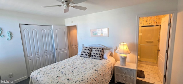 tiled bedroom featuring ceiling fan and a closet