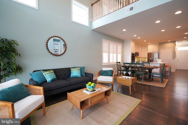 living room featuring dark hardwood / wood-style flooring and a high ceiling