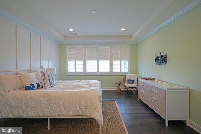 bedroom featuring dark wood-type flooring and crown molding