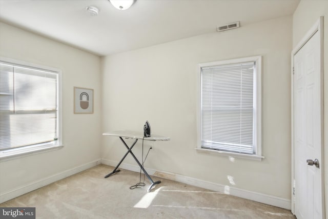 misc room with light colored carpet