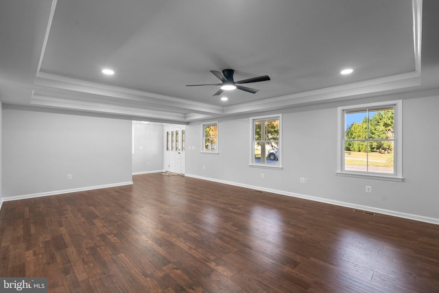 empty room featuring plenty of natural light, ceiling fan, and a raised ceiling