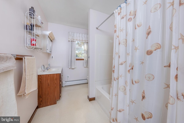 bathroom with vanity, shower / tub combo with curtain, and a baseboard radiator