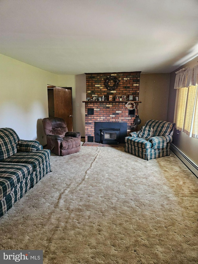 carpeted living room featuring a wood stove