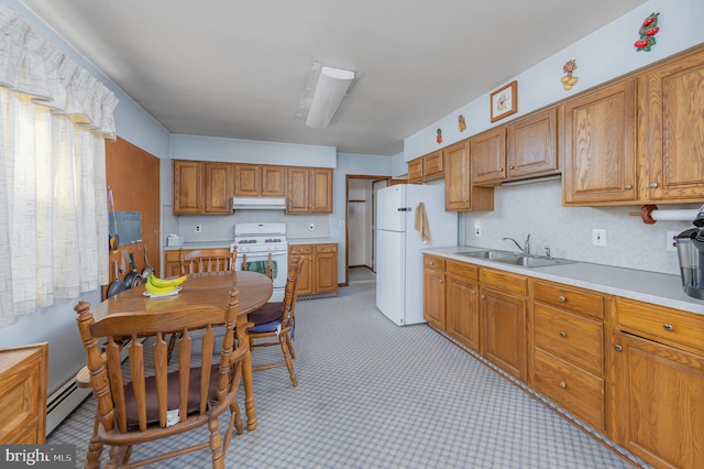 kitchen with white appliances, sink, and a baseboard heating unit