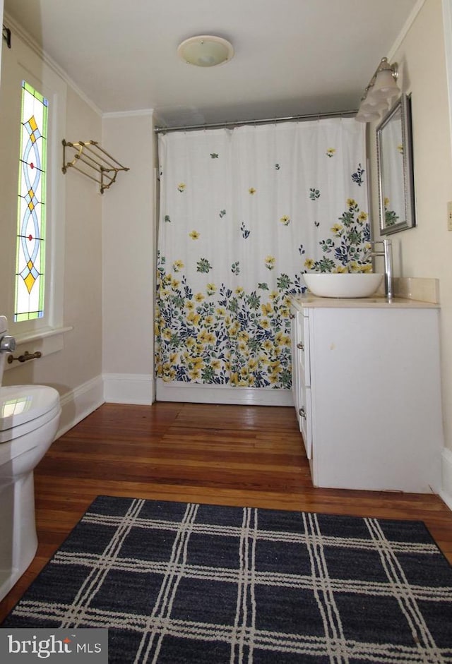 bathroom with vanity, crown molding, hardwood / wood-style flooring, and toilet