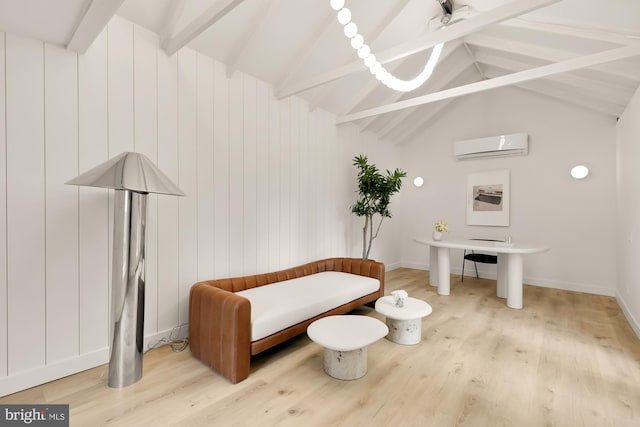 living area featuring vaulted ceiling with beams, light wood-type flooring, wooden walls, and a wall mounted AC